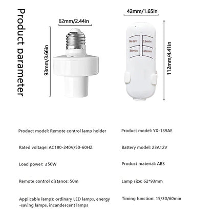 Smart E27 Remote Control Light Switch - Wireless LED Bulb Socket Timer Holder with 30M Range