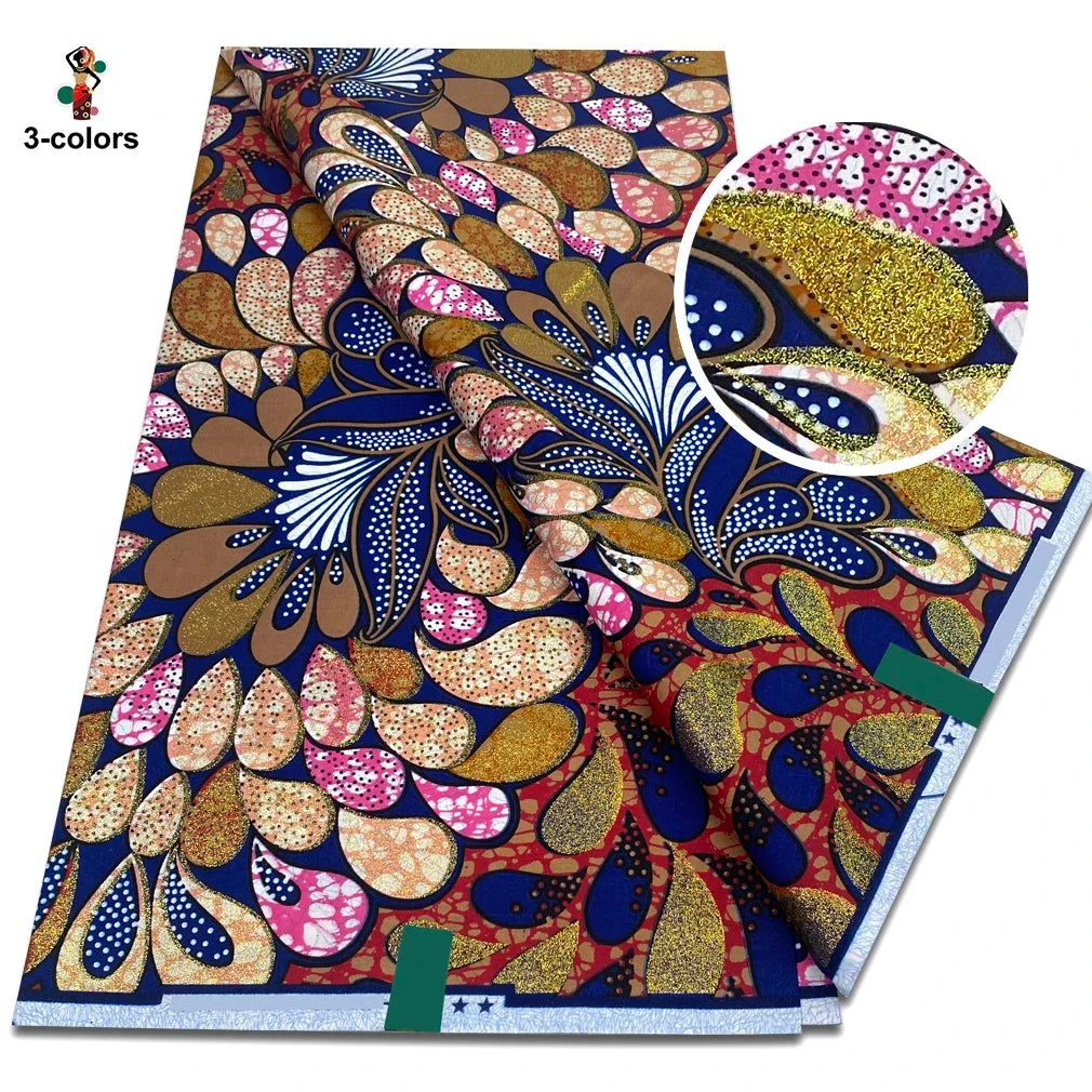 2026 African Glitter Glam Wax Fabric - 100% Cotton Golden Ankara Print 6 Yards