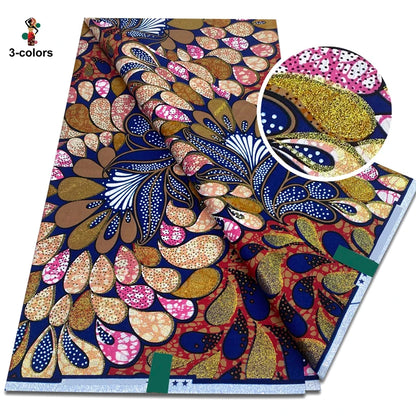 African Glitter Wax Print Fabric - 6 Yards Soft Cotton Ankara Golden Glitter Fabric