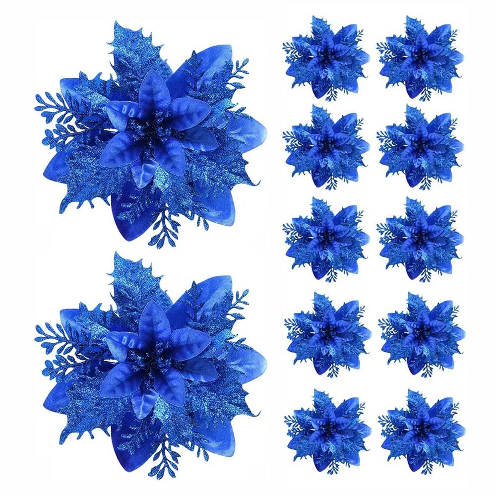 5/10PCS 14.5cm Christmas Flower Ornaments | Pink, Red, Gold Glitter Artificial Flowers for Tree & Home Xmas Decoration