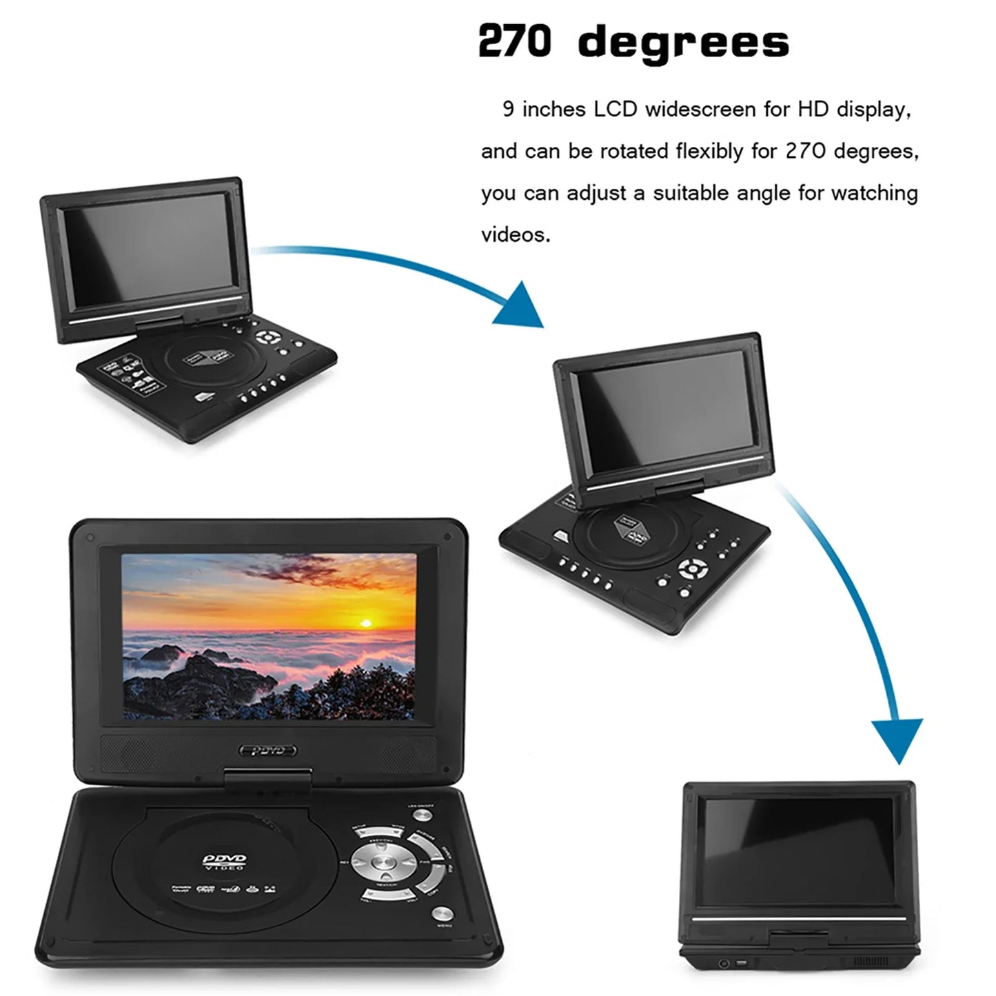 9 Inch Portable DVD Player - HD LCD Screen Media Player with Game Support, TV Function and FM Radio