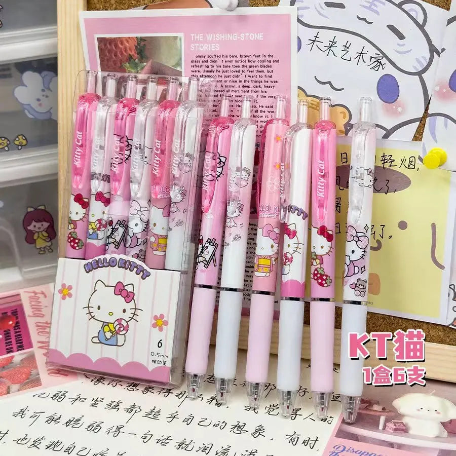 6PCS Cartoon Kuromi Gel Pens – Kawaii Hello Kitty, Cinnamoroll & Melody 0.5mm Quick-Drying School Stationery for Students