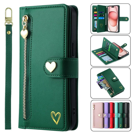 Leather Lanyard Wallet Phone Case for Samsung Galaxy - Zipper Card Holder Flip Cover