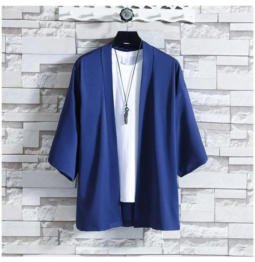 Men’s Casual Open Stitch Shirt - Lightweight Black Yukata Cardigan with 3/4 Sleeves for Summer Vacation