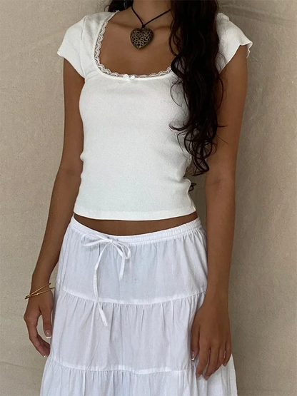 Y2K Vintage Lace Trim Baby Tee - Women's Square Neck Knitted Crop Top Summer Short Sleeve Shirt