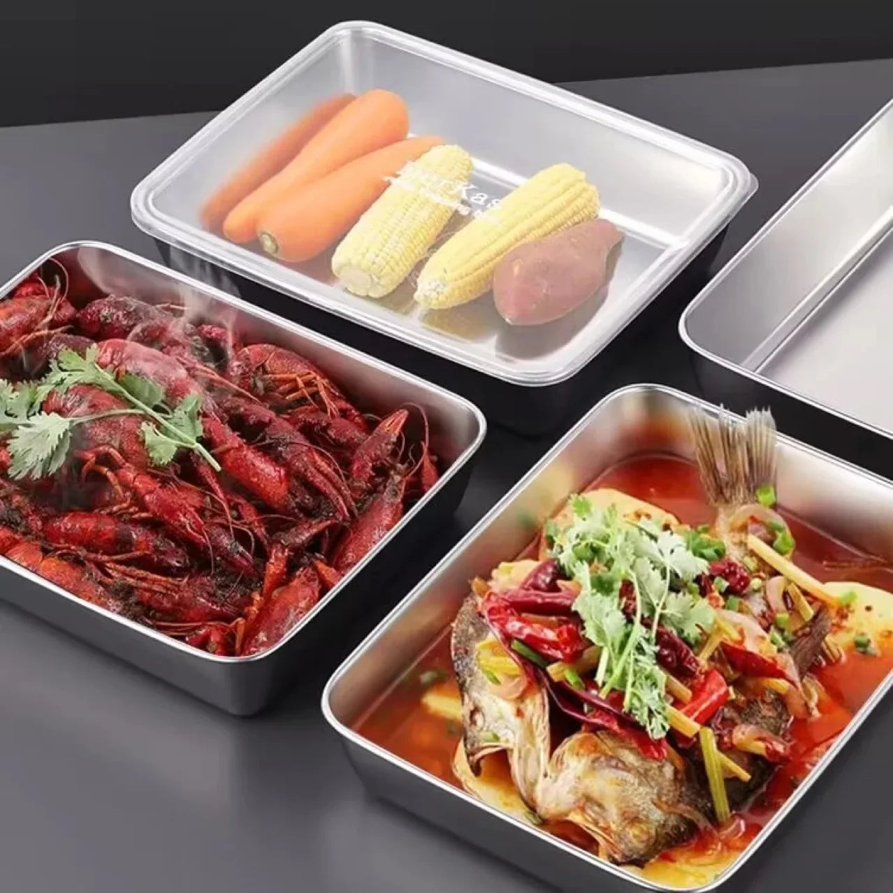 Stainless Steel Food Container with Lid – Thick Tray for Fresh-Keep Storage of Food, Fruit, and Kitchen Organization