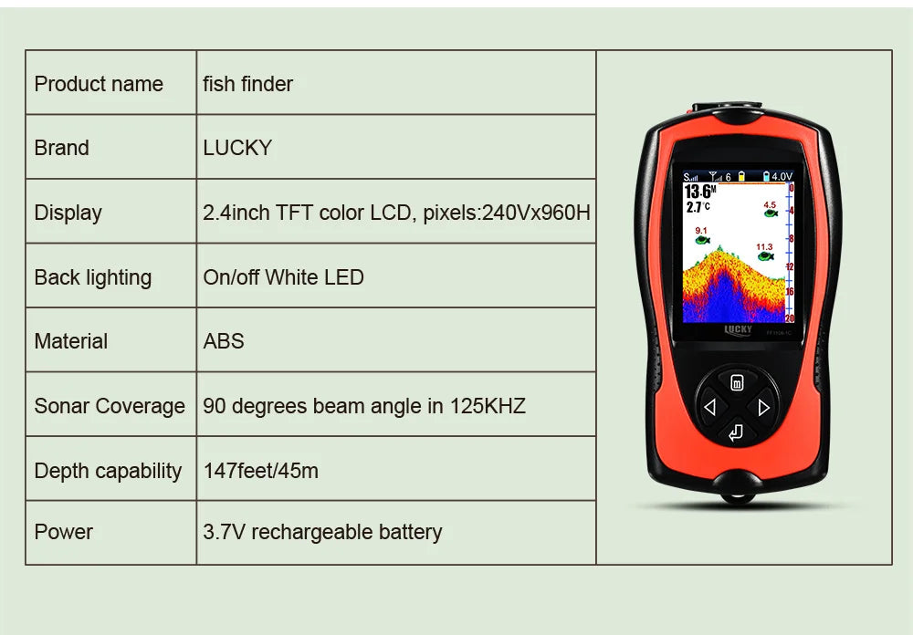 Lucky Sonar Fish Finder FF1108-1CWLA – Rechargeable Wireless Sensor, 45M Depth Echo Sounder for Portable Fishing
