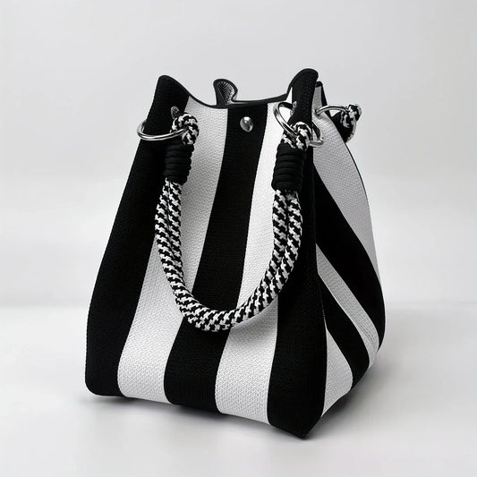 Multi-Color Knitted Retro Bucket Handbag – Color-Block, Versatile & Easy-to-Carry Purse