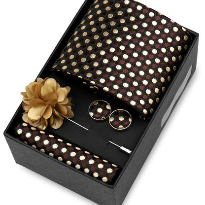 Elegant Men’s Necktie Gift Set - Fashion Tie with Handkerchief, Cufflinks & Brooch Pin Accessories for Business & Wedding