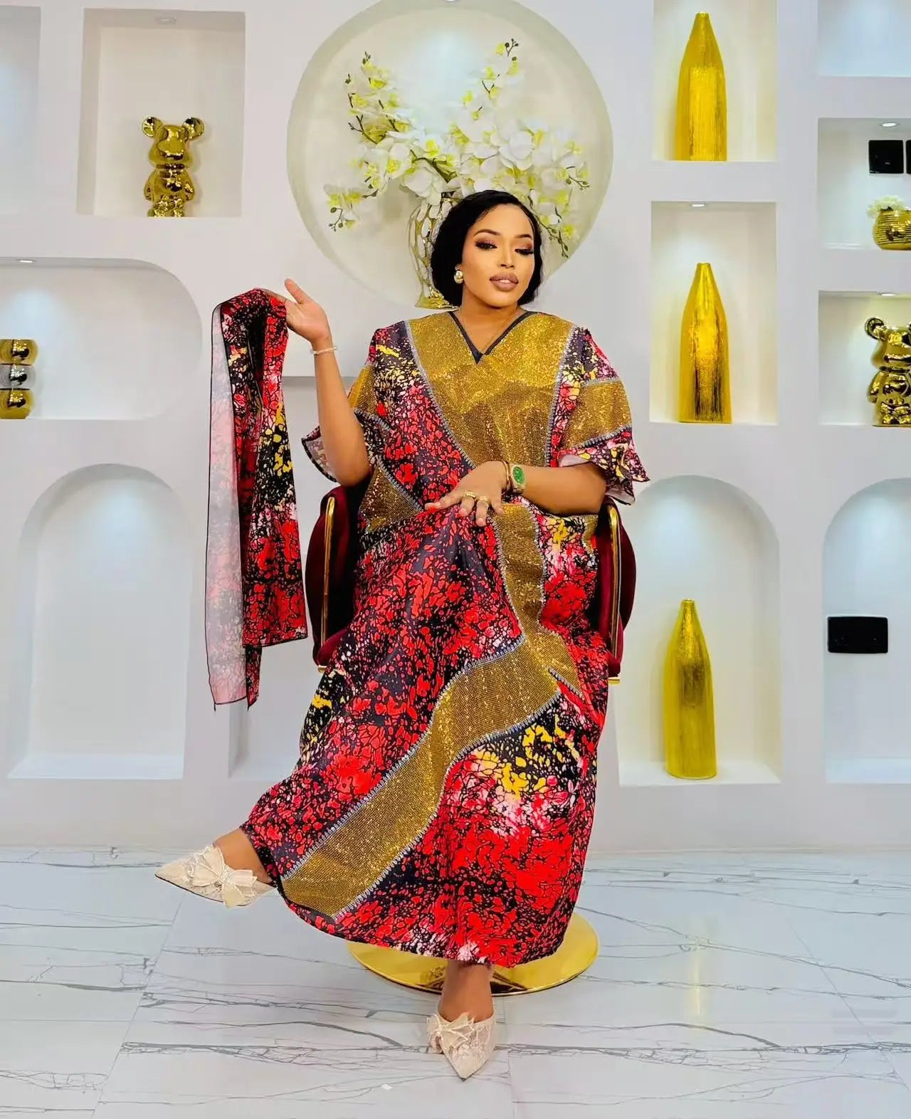 Women's African Ankara Maxi Dress - Loose Summer Long Print Short Sleeve