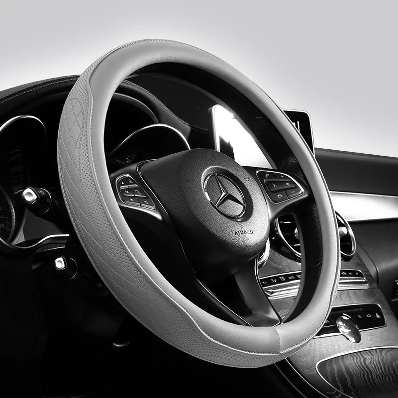 Napa Leather Perforated Patchwork Steering Wheel Cover - Non-slip & Breathable, Universal 15 Inch (38cm)
