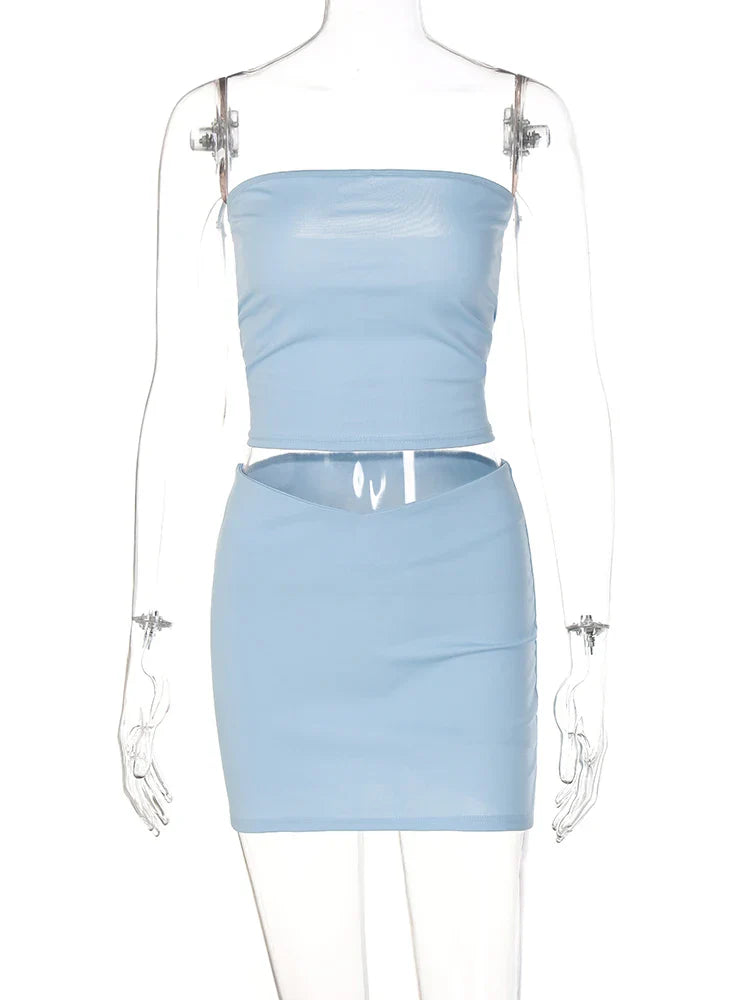 Hugcitar Solid Sleeveless Folds Tube Crop Top & Skirt Set – 2 Piece Summer Fashion Streetwear, Beach Clothing