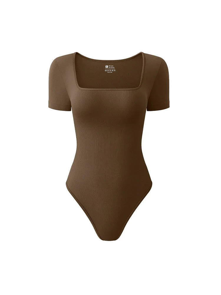 Women’s Early Autumn Square Neck Seamless Bodysuit – Short Sleeve Solid Color Body Shaping Jumpsuit Top
