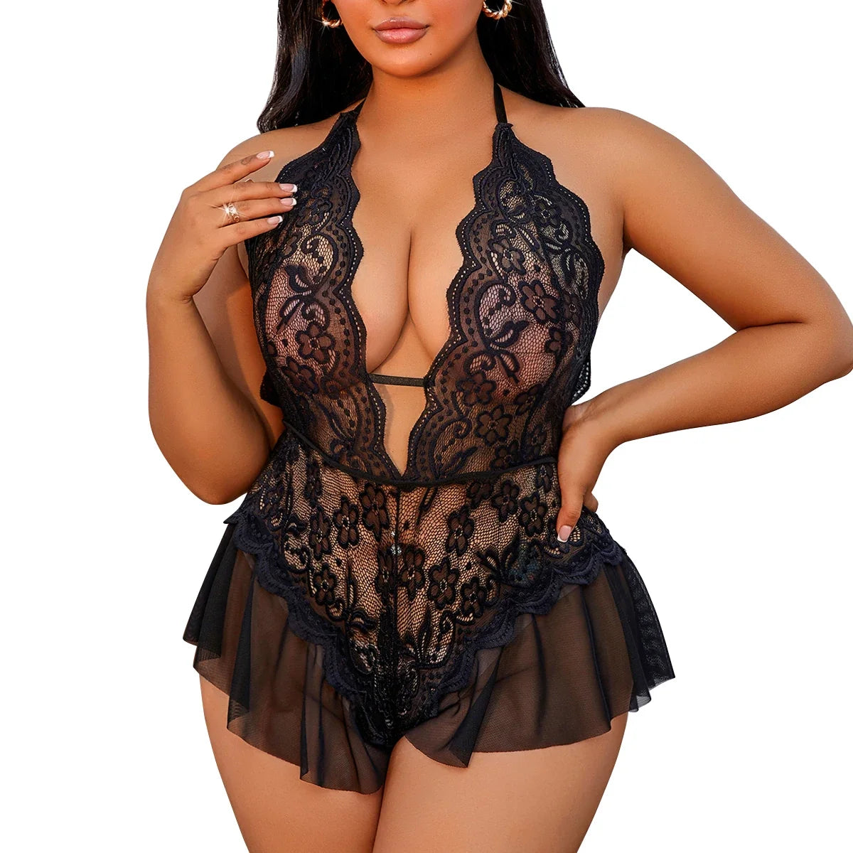 1XL-4XL Plus Size Lace Lingerie Set - Sexy Crotchless Hollow Bra & Transparent Deep V Underwear Costume