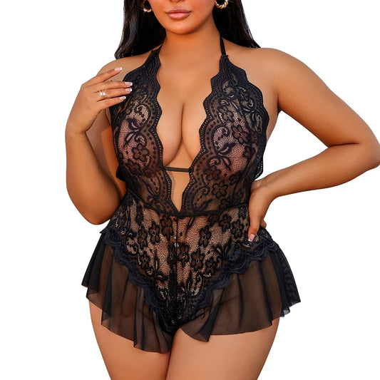 1XL-4XL Plus Size Lace Lingerie Set - Sexy Crotchless Hollow Bra & Transparent Deep V Underwear Costume