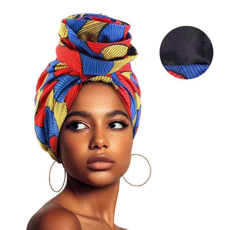 African Satin Lined Turban Cap - Floral Print Big Flower Headwrap Bonnet for Women Muslim Headscarf Beanie Hat