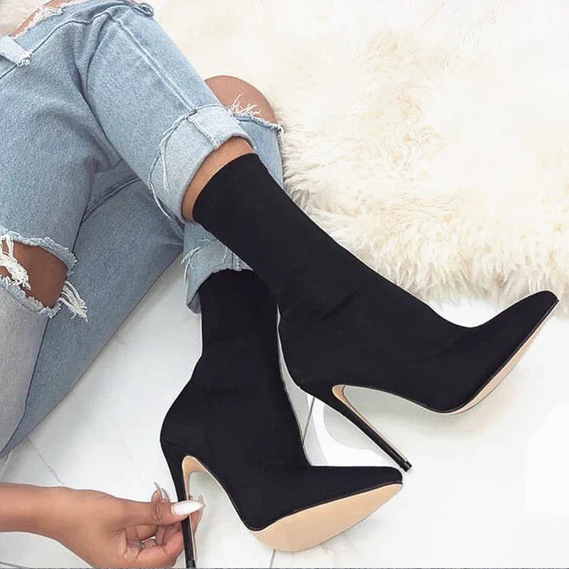 Women’s Satin Sock Ankle Boots - 7.5cm & 10cm High Heels Pointed Toe Winter Fashion Boots