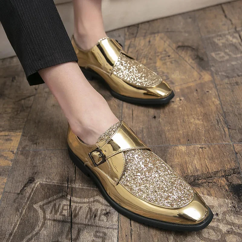 Men’s Gold Patent Leather Moccasins - Pointed Toe Luxury Business & Formal Dress Shoes