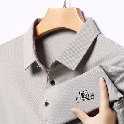 Men's Business Casual Short Sleeve Polo Shirt - Solid Color Breathable Badge Polo Top