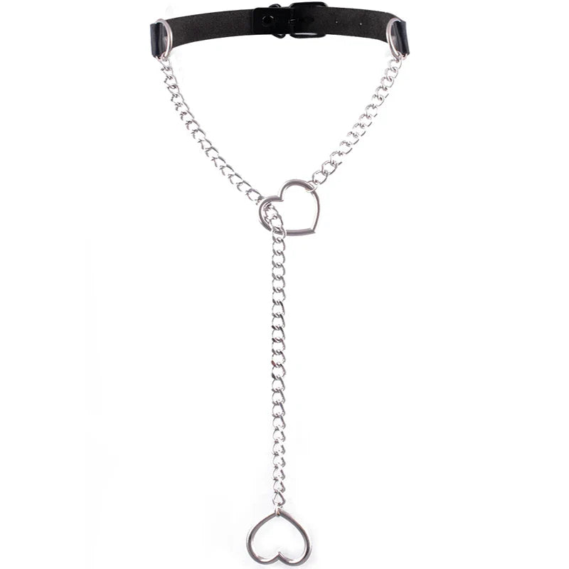 Heart Slip Chain Necklace – Black Leather Gothic Choker for Women, Punk & Goth Jewelry