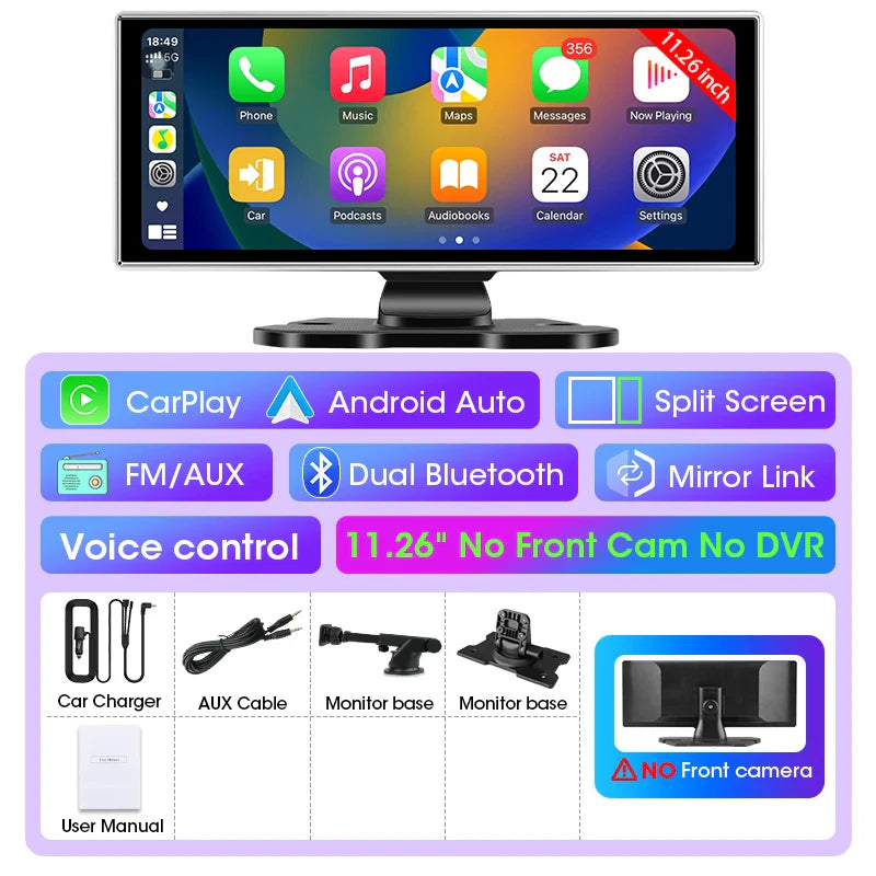 10/11.26" 4K Dash Cam — Dual-Lens Car DVR with Wireless CarPlay, Android Auto, GPS, WiFi, FM & AUX Video Recorder