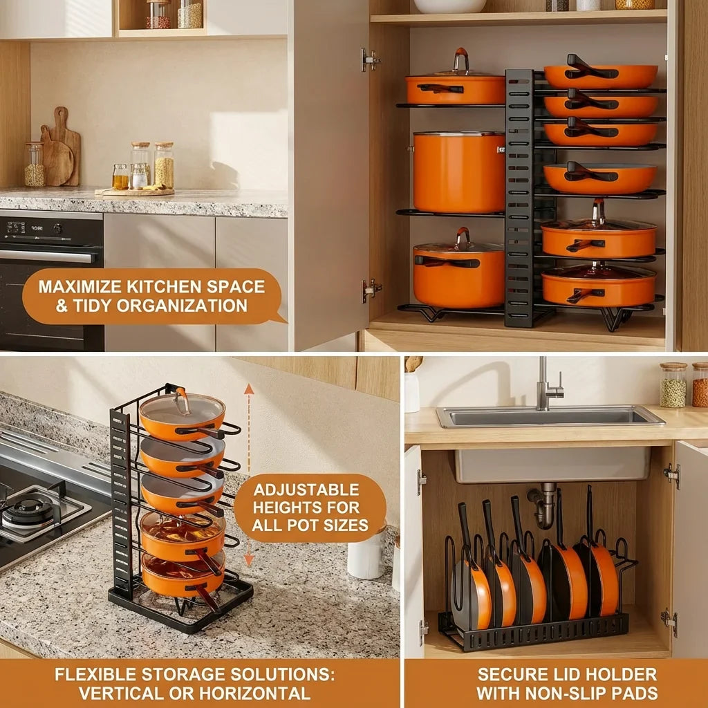 8-Tier Pot Rack Organizer - Space-Saving Metal Holder for Pots, Pans & Lids Kitchen Storage