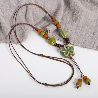 Nature-Inspired Ceramic Pendant Necklace - Handmade Adjustable Boho Ethnic Green Blossom Artisan Jewelry for Women