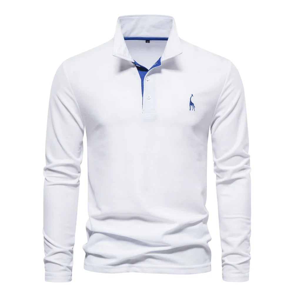 Men's Long Sleeve Embroidered Polo Shirt - Business Casual Solid Color Deer Design