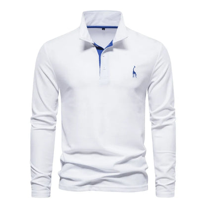 Men's Long Sleeve Embroidered Polo Shirt - Business Casual Solid Color Deer Design