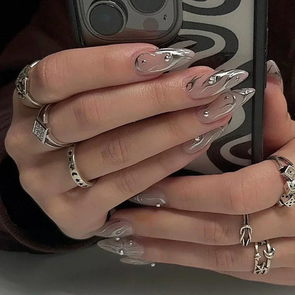 24Pcs French Press On Nails - Almond Fake Nail Tips with Glue, White Edge Design & Pink Stiletto Style Manicure Set
