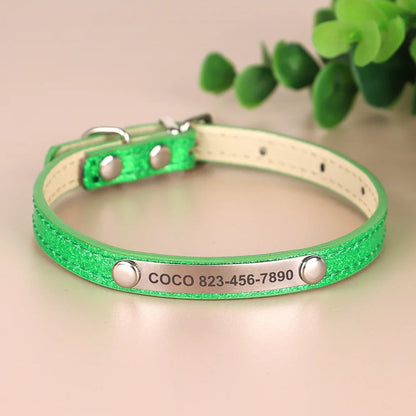 Personalized Cat Collar — Bling PU Leather Adjustable Collar with Custom ID Necklace for Cats, Kittens & Small Dogs