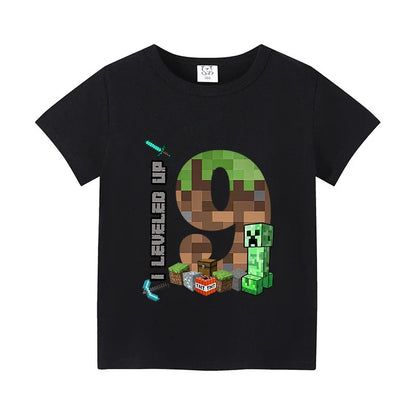 Miner Crafting Birthday Number T-Shirt – Cartoon Summer Short Sleeve Tops for Boys Party Gift
