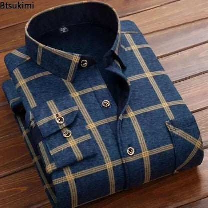 2024 Men's Plaid Shirt - Autumn Winter Casual Long Sleeve, Thick Warm High-Quality Soft Fabric, Large Size up to 4XL