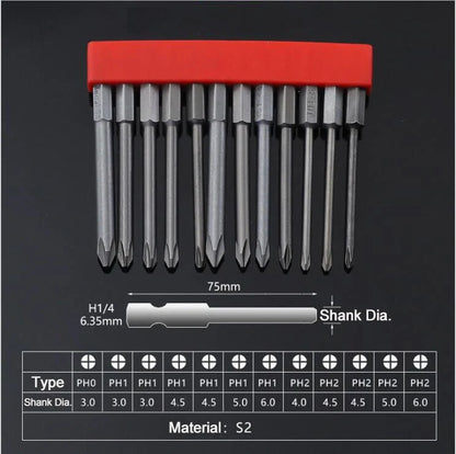 12Pcs 1/4 Inch Magnetic Screwdriver Bits - 50mm 75mm 100mm Long Power Tool Bit Set