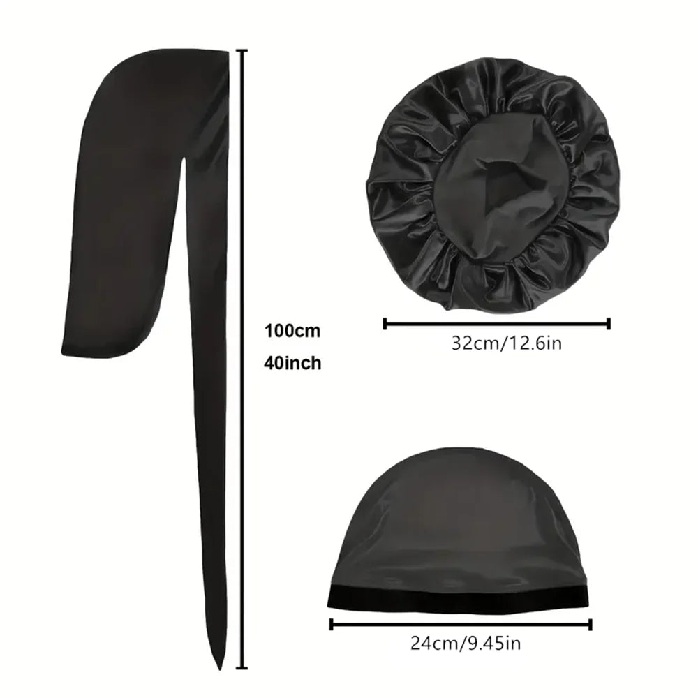 3PCS Durag & Satin Bonnet Set - Solid Color Night Cap and Lightweight Dome Hat Hair Accessories