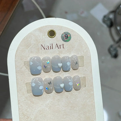 10Pcs Pink Handmade Press-On Nails – Short French Style with Flowers, Butterflies & Rhinestones, Full Cover Nail Tips