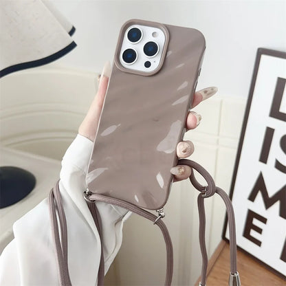 Glossy Wave Ripple Crossbody Lanyard Phone Case for iPhone 17/16/15 Pro Max Air 14 13 12 11 XR X 8 7 - Soft Silicone Protective Cover with Strap