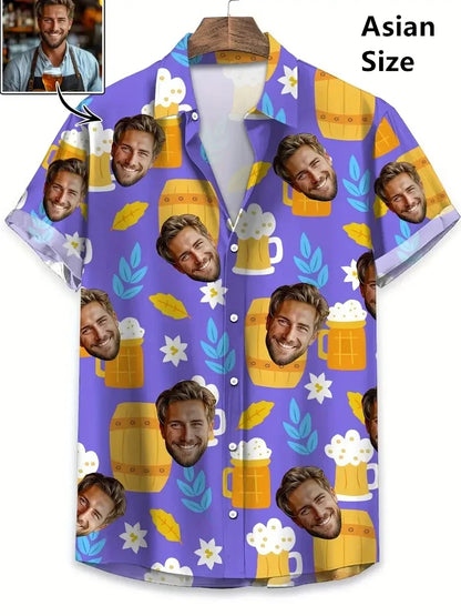 Men’s Custom Face Print Hawaiian Shirt - 3D Beer Design Vintage Y2K Short Sleeve Beach Top