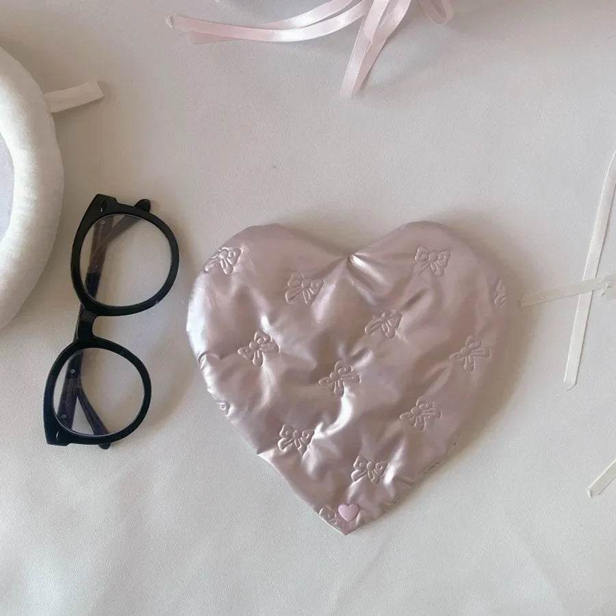 Pink Heart Bow Glasses Case - PU Leather Eyewear Storage Pouch with Embossed Pattern Design