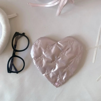 Pink Heart Bow Glasses Case - PU Leather Eyewear Storage Pouch with Embossed Pattern Design