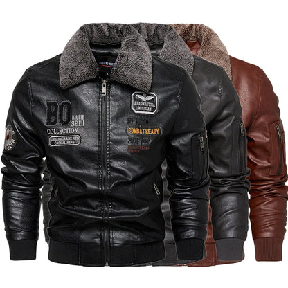 Men's Slim Fit Leather Bomber Jacket - Fur Collar Warm Flight Pilot Coat Black Outerwear