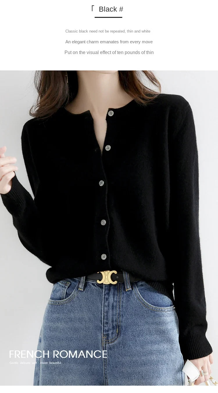 Women’s Solid Color Knit Cardigan - Spring Autumn Round Neck Worsted Sweater ZD-021
