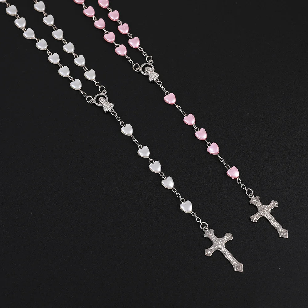 Pink & White Heart Rosary Necklace – Virgin Mary Cross Pendant Beaded Chain Religious Prayer Jewelry Gift for Men & Women