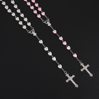 Pink & White Heart Rosary Necklace – Virgin Mary Cross Pendant Beaded Chain Religious Prayer Jewelry Gift for Men & Women