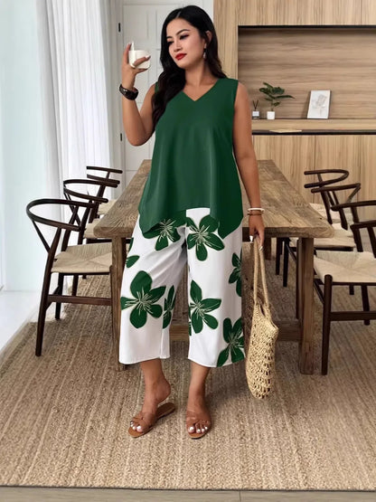 Women's Floral Print Sleeveless Summer Set - Elegant Casual 7/8 Length Fashion Outfit