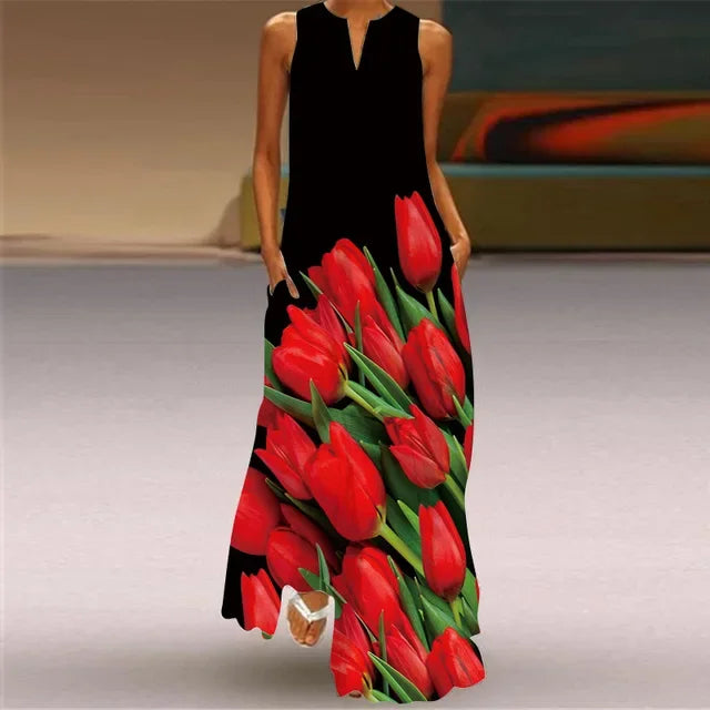 Women’s Retro V-Neck Summer Dress - Sleeveless Printed Maxi Swing Skirt with Loose Comfortable Fit