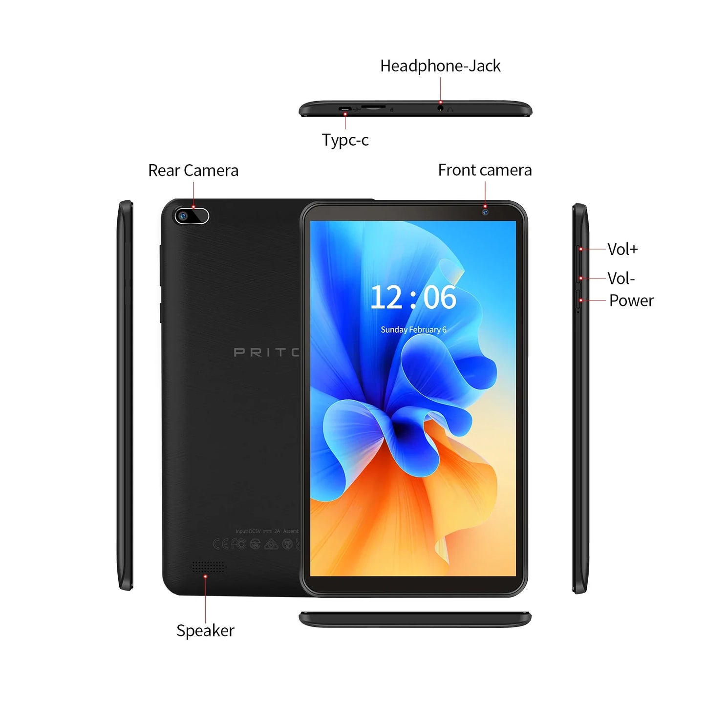 PRITOM 7-Inch Android Tablet PC – 32GB, Quad-Core, HD IPS Display, Dual Camera, WiFi with PU Protective Case