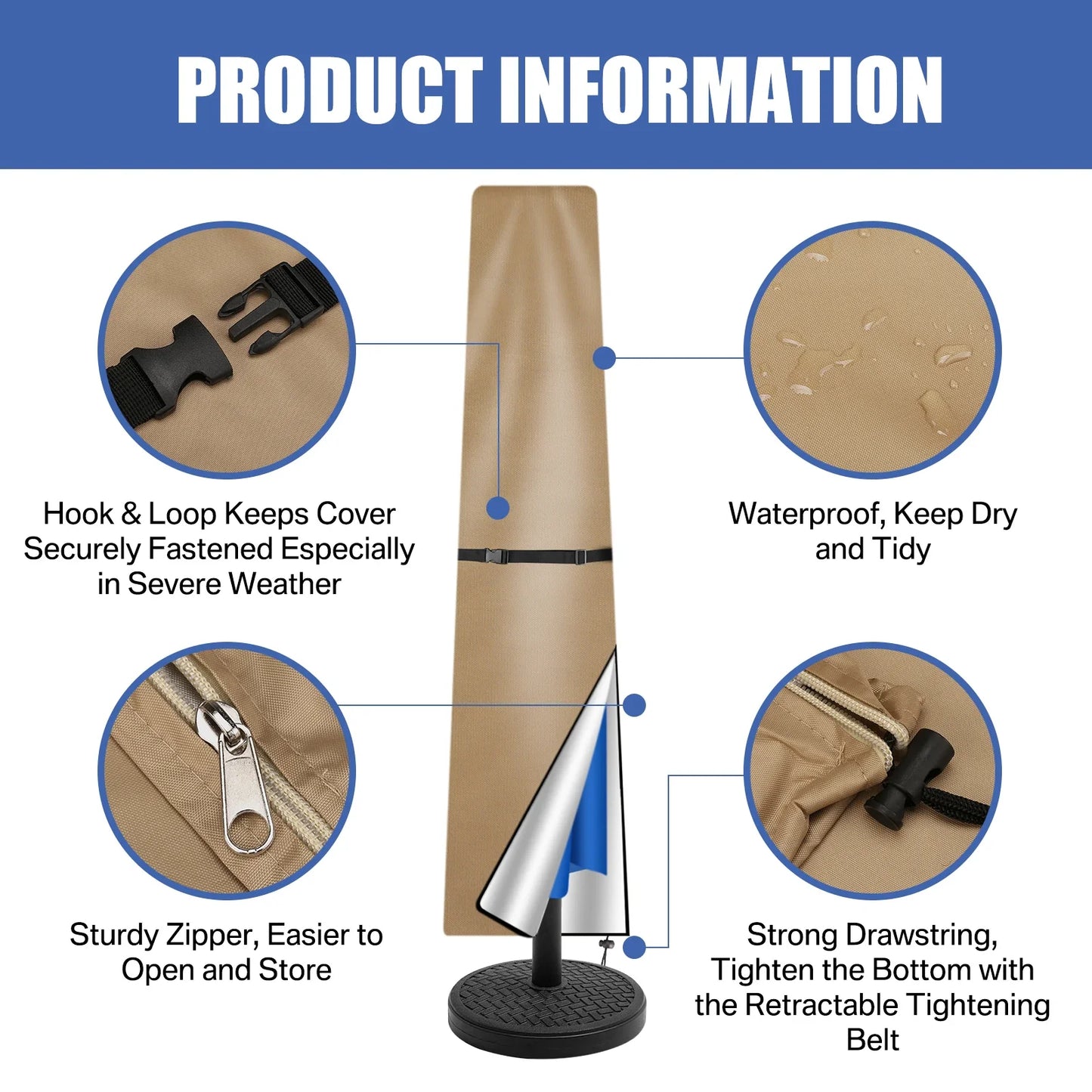 Waterproof Oxford Cloth Patio Umbrella Cover – UV Resistant, Windproof Outdoor Parasol Protector with Zipper & Pole for Garden Use
