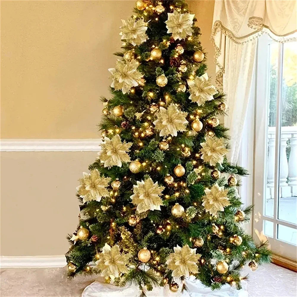 5/10PCS 14.5cm Christmas Flower Ornaments | Pink, Red, Gold Glitter Artificial Flowers for Tree & Home Xmas Decoration