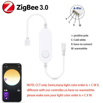Zigbee 3.0 Smart LED Strip Controller, DC 5V/12V/24V Dimmer RGB/RGBW/RGBCCT CCT Single Color, Compatible with Tuya, Alexa & SmartThings, 2Mqtt Support